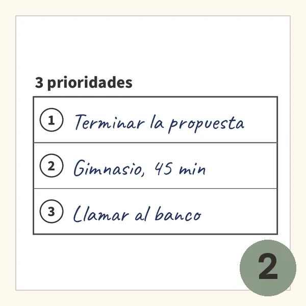 Recuadro de 3 prioridades rellenado a mano
