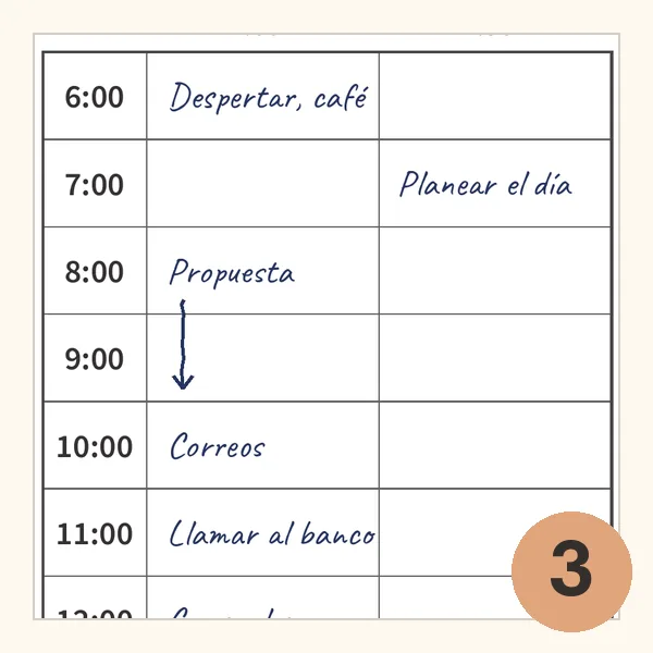 Horario por horas con columnas de :00 y :30 rellenado a mano